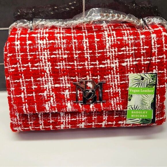 Baffled Mischka Boucle Red Checkered Tweed Shoulder Bag New - Picture 3 of 8